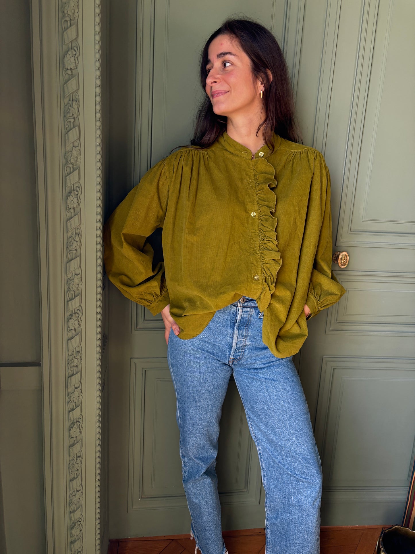 BLOUSE VELOURS VERT FROUFROU ANIS