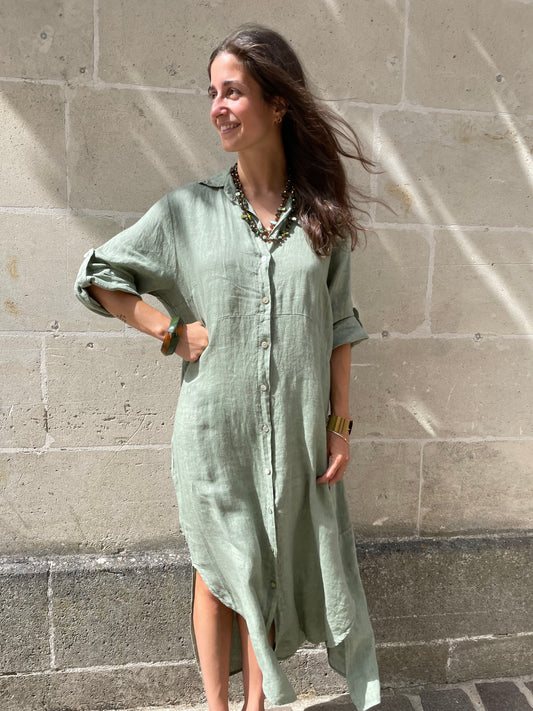 ROBE EN LIN AIMÉE VERTE
