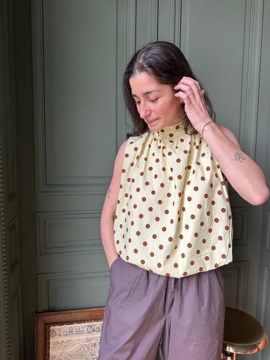 TOP CAPUCINE POIS JAUNE ET MARRON